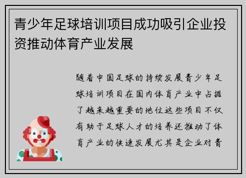 青少年足球培训项目成功吸引企业投资推动体育产业发展 青少年足球培训项目成功吸引企业投资推动体育产业发展