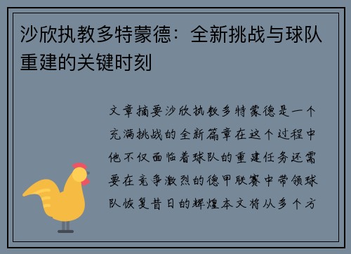沙欣执教多特蒙德:全新挑战与球队重建的关键时刻 沙欣执教多特蒙德:全新挑战与球队重建的关键时刻